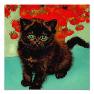 Van Gogh Black Cat Red Flowers Fototryck