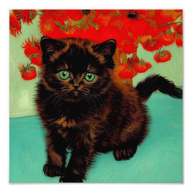 Van Gogh Black Cat Red Flowers Fototryck (Framsidan)