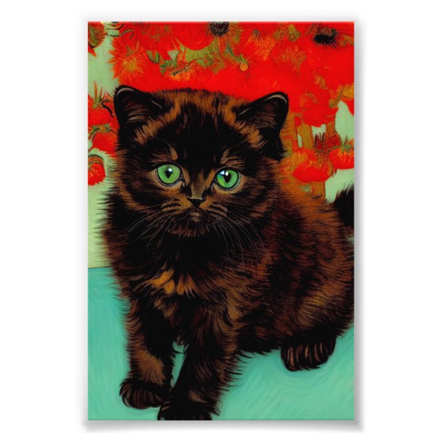Van Gogh Black Cat Red Flowers Fototryck (Framsidan)