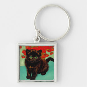 Van Gogh Black Cat Red Flowers Fyrkantig Silverfärgad Nyckelring