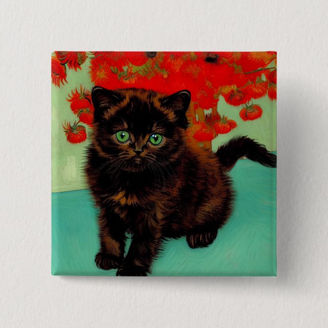 Van Gogh Black Cat Red Flowers Knapp (Framsida)