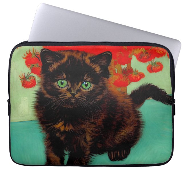 Van Gogh Black Cat Red Flowers Laptop Fodral (Framsidan)