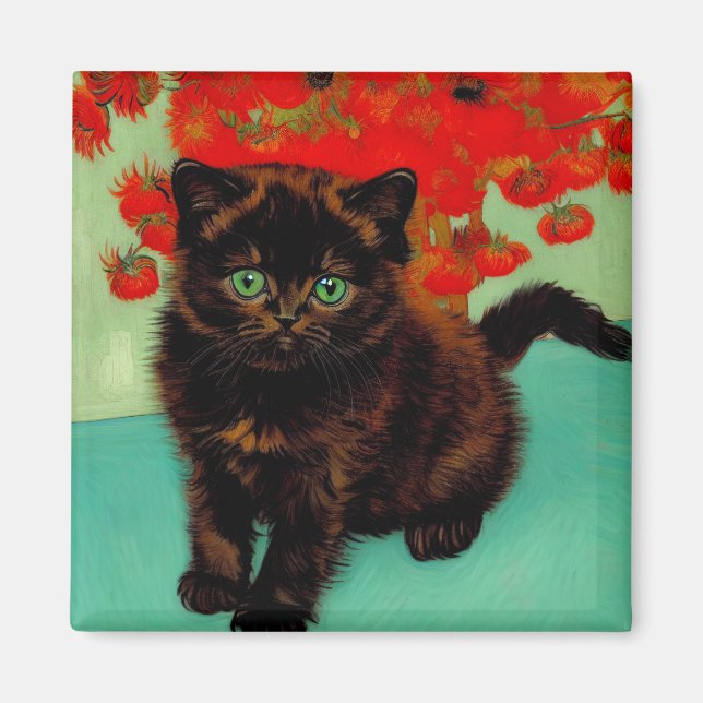 Van Gogh Black Cat Red Flowers Magnet (Framsidan)