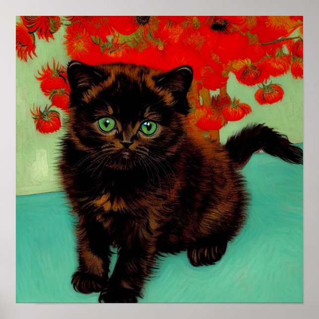 Van Gogh Black Cat Red Flowers Poster (Framsidan)