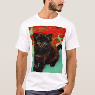 Van Gogh Black Cat Red Flowers T Shirt