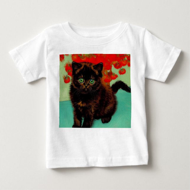 Van Gogh Black Cat Red Flowers T Shirt (Framsida)