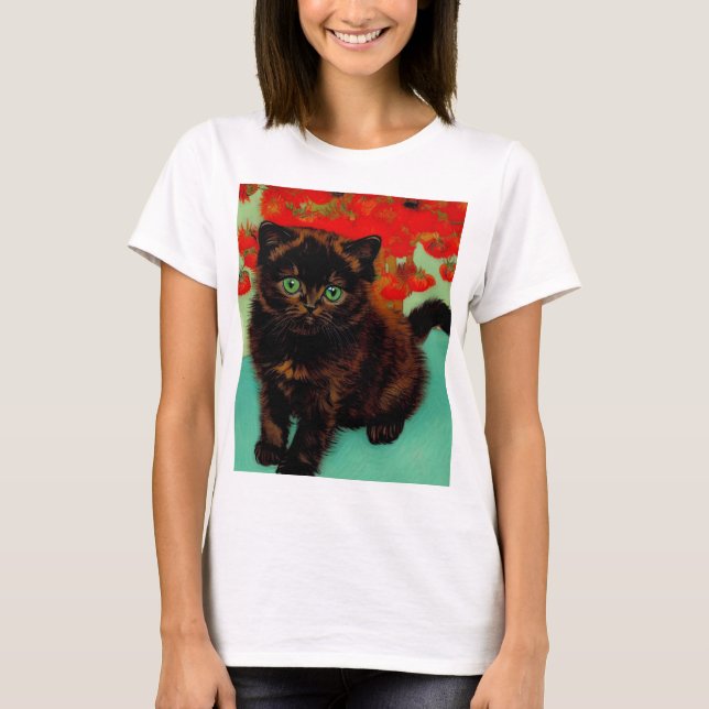 Van Gogh Black Cat Red Flowers T Shirt (Framsida)