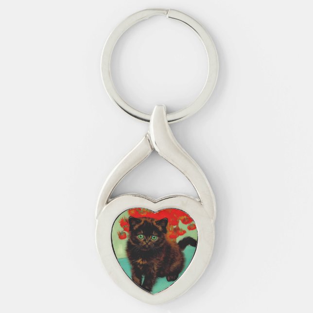 Van Gogh Black Cat Red Flowers Twisted Heart Silverfärgad Nyckelring (Framsidan)