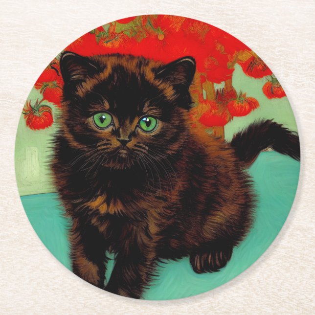 Van Gogh Black Cat Red Flowers Underlägg Papper Rund (Framsidan)