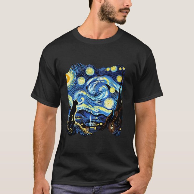 Van Gogh Black Cat Starry Night Cat Lover T Shirt (Framsida)