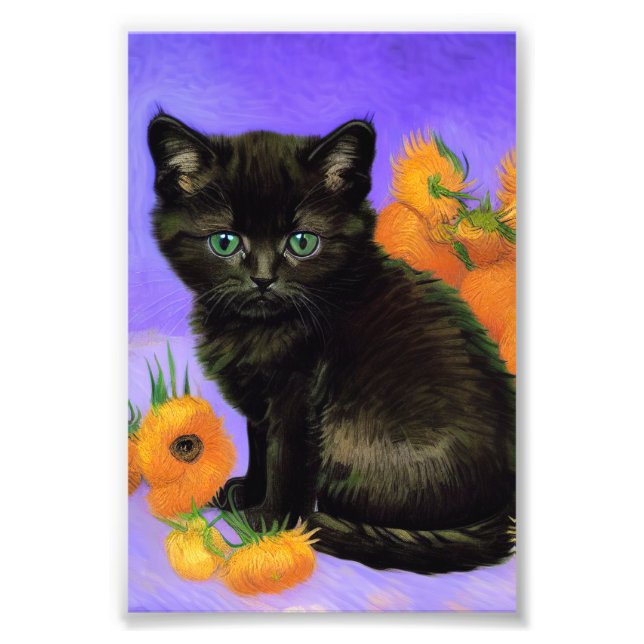 Van Gogh Black Kitten med solblommor Fototryck (Framsidan)
