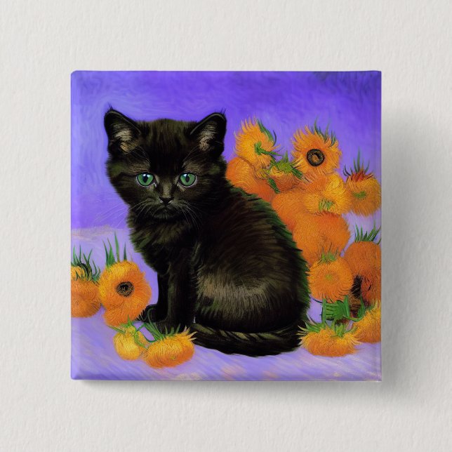 Van Gogh Black Kitten med solblommor Knapp (Framsida)