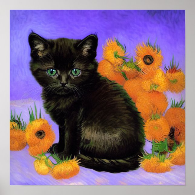 Van Gogh Black Kitten med solblommor Poster (Framsidan)