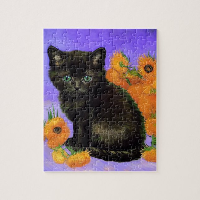 Van Gogh Black Kitten med solblommor Pussel (Vertikal)