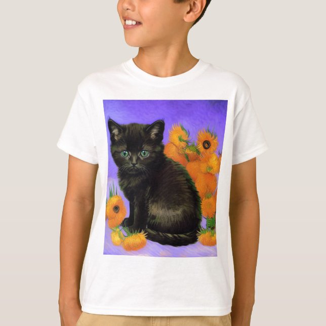 Van Gogh Black Kitten med solblommor T Shirt (Framsida)