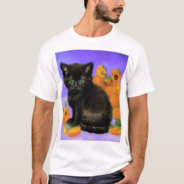Van Gogh Black Kitten med solblommor T Shirt (Framsida)