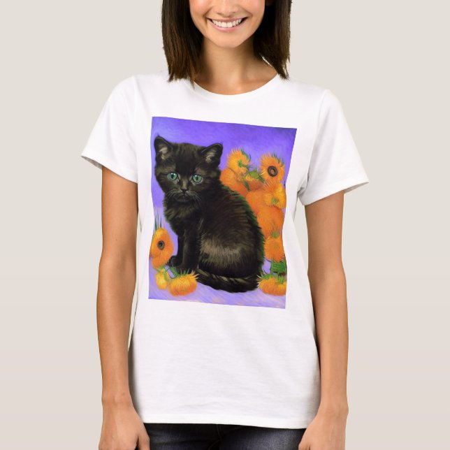 Van Gogh Black Kitten med solblommor T Shirt (Framsida)