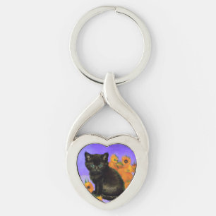 Van Gogh Black Kitten med solblommor Twisted Heart Silverfärgad Nyckelring