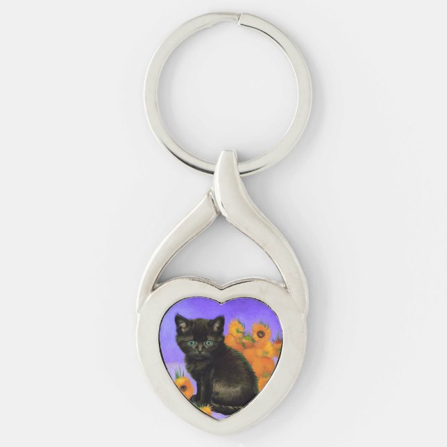 Van Gogh Black Kitten med solblommor Twisted Heart Silverfärgad Nyckelring (Framsidan)