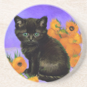 Van Gogh Black Kitten med solblommor Underlägg