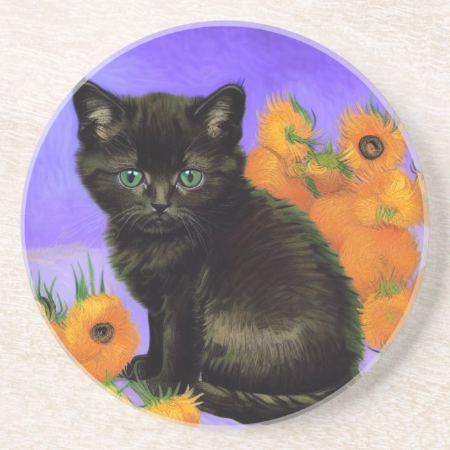 Van Gogh Black Kitten med solblommor Underlägg (Framsidan)