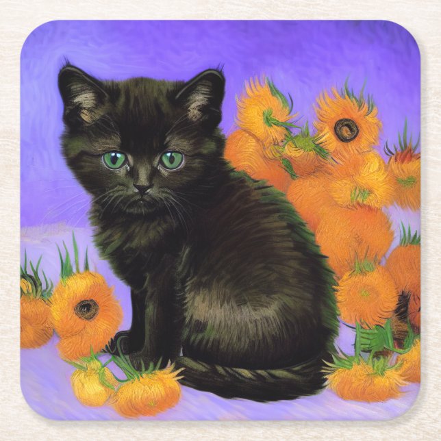 Van Gogh Black Kitten med solblommor Underlägg Papper Kvadrat (Framsidan)
