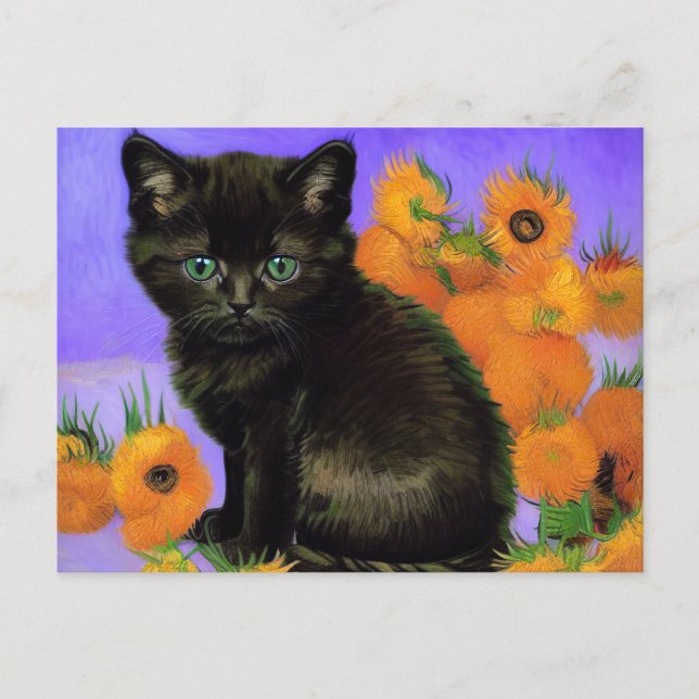 Van Gogh Black Kitten med solblommor Vykort (Framsida)