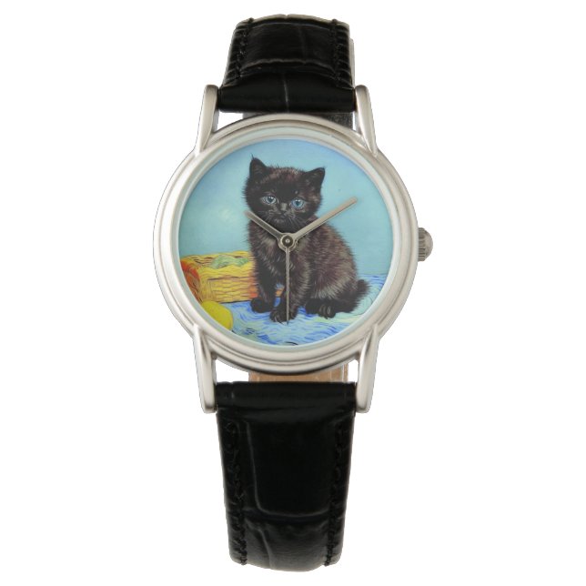 Van Gogh Black Kitten med Yarn Armbandsur (Framsida)
