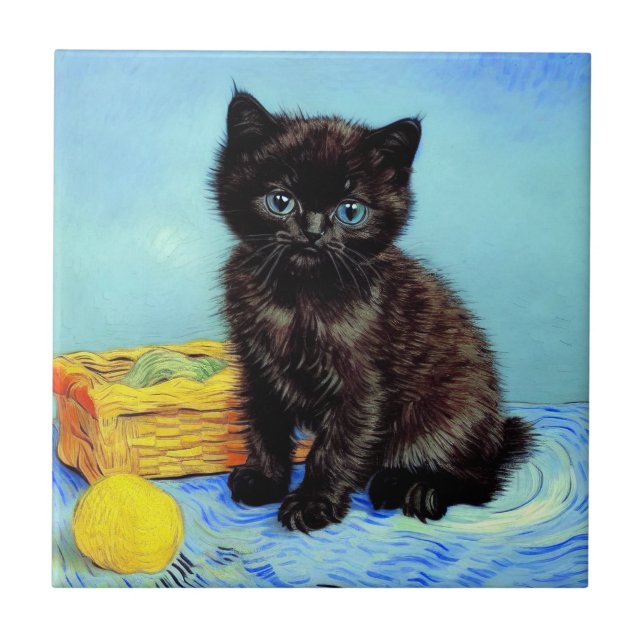 Van Gogh Black Kitten med Yarn Kakelplatta (Framsidan)