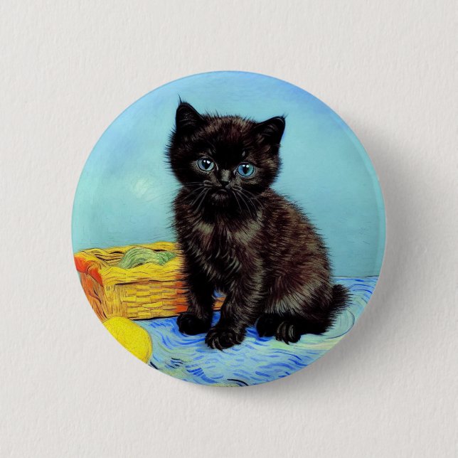 Van Gogh Black Kitten med Yarn Knapp (Framsida)