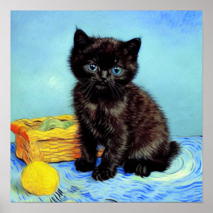 Van Gogh Black Kitten med Yarn Poster