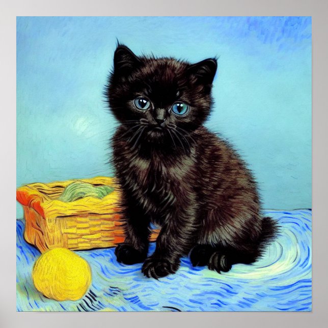 Van Gogh Black Kitten med Yarn Poster (Framsidan)