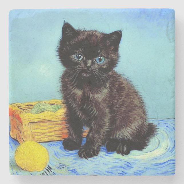 Van Gogh Black Kitten med Yarn Stenunderlägg (Framsidan)