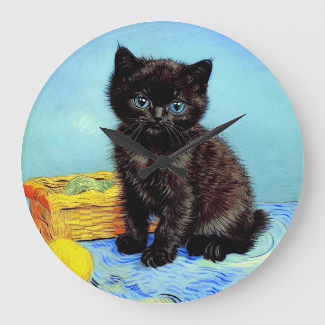 Van Gogh Black Kitten med Yarn Stor Klocka (Framsida)