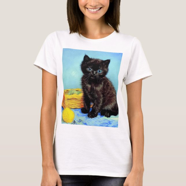 Van Gogh Black Kitten med Yarn T Shirt (Framsida)