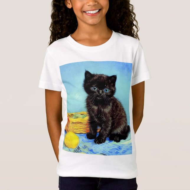 Van Gogh Black Kitten med Yarn T Shirt (Framsida)