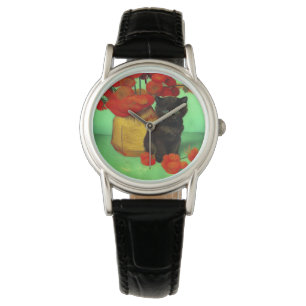 Van Gogh Black Kitten Red Flowers Armbandsur
