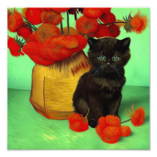 Van Gogh Black Kitten Red Flowers Fototryck
