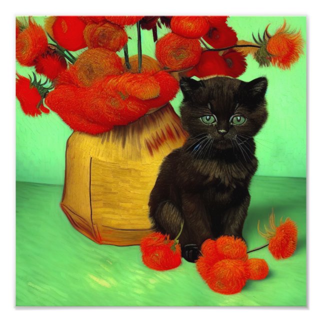 Van Gogh Black Kitten Red Flowers Fototryck (Framsidan)