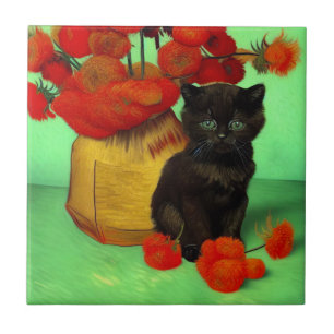 Van Gogh Black Kitten Red Flowers Kakelplatta