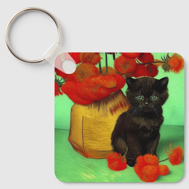 Van Gogh Black Kitten Red Flowers Nyckelring (Framsida)
