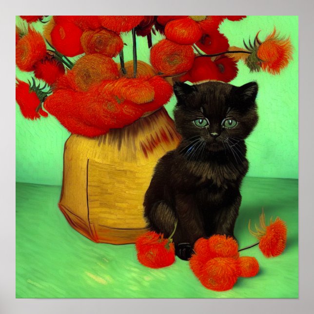 Van Gogh Black Kitten Red Flowers Poster (Framsidan)