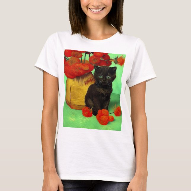 Van Gogh Black Kitten Red Flowers T Shirt (Framsida)