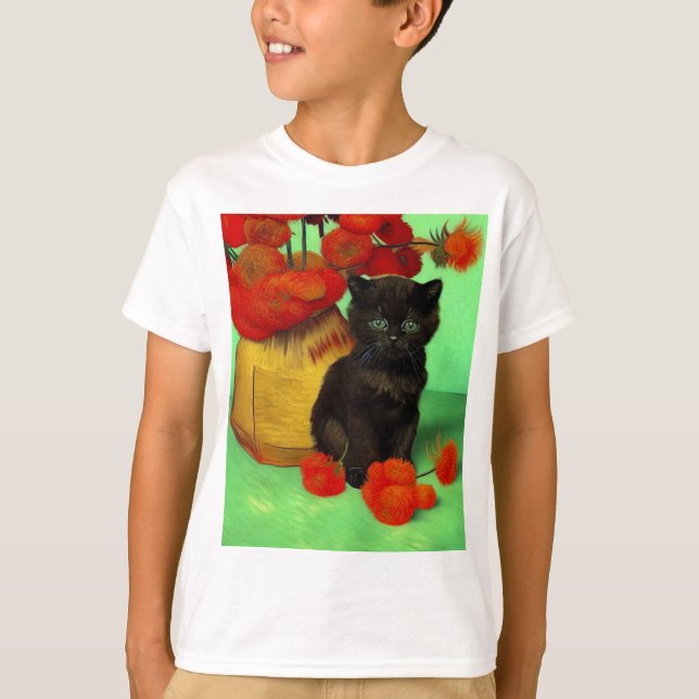 Van Gogh Black Kitten Red Flowers T Shirt (Framsida)