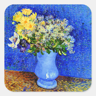 Van Gogh - Blommor i Blå Vas Fyrkantigt Klistermärke