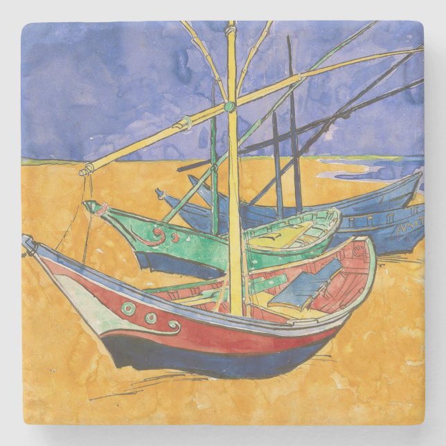 Van Gogh Boats Impressionism Beach Underlägg Sten (Framsidan)