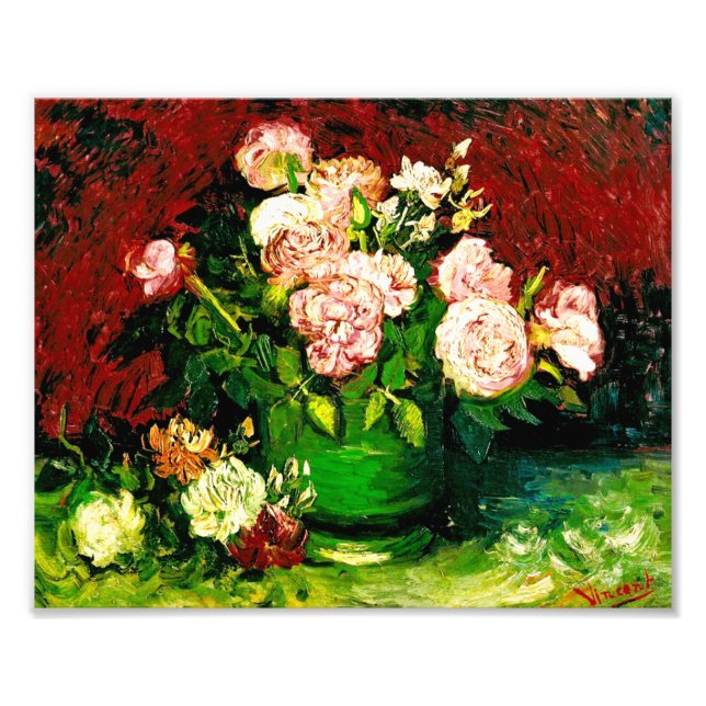 Van Gogh Bowl med Peonies och Ro Fototryck (Framsidan)