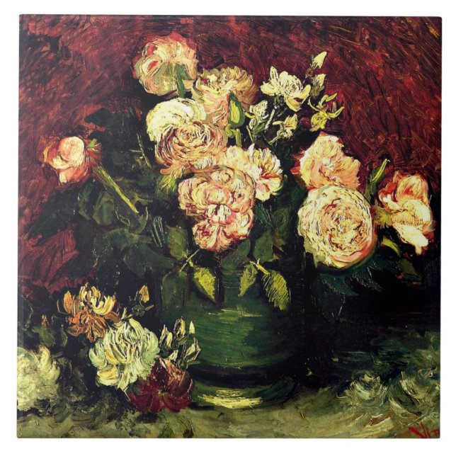 Van Gogh - Bowl med Peonies och Ro Kakelplatta (Framsidan)