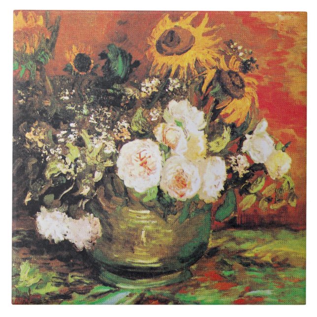 Van Gogh - Bowl med solblommor, Ro.. Kakelplatta (Framsidan)