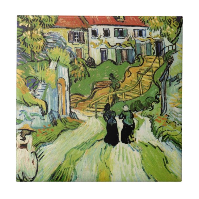 Van Gogh Bysgata och trappor Auvers, figurer Kakelplatta (Framsidan)